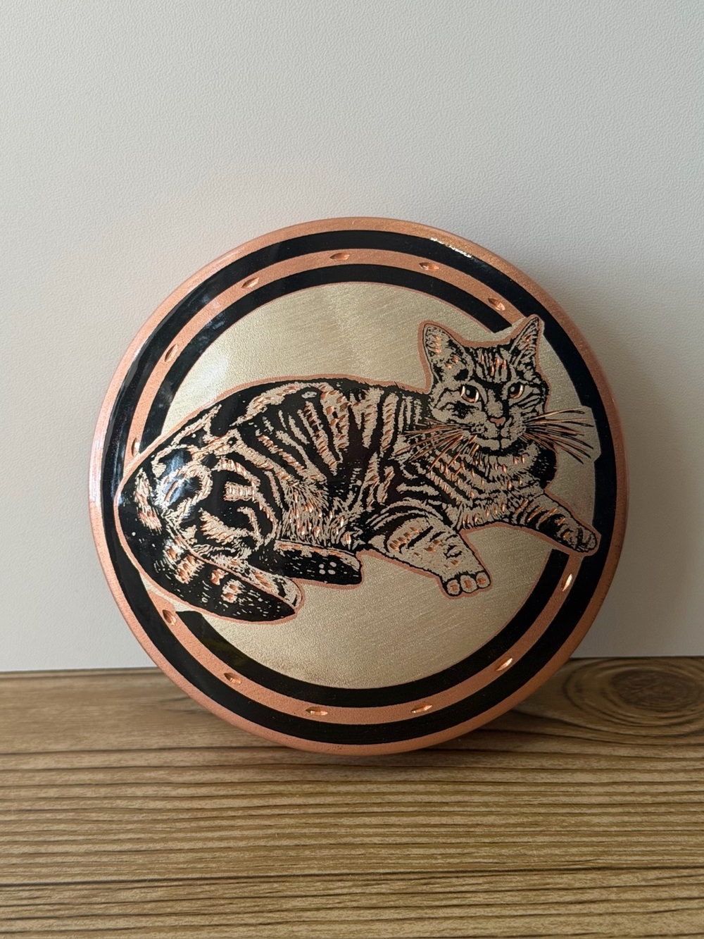 Vintage Decorative Copper Round Lidded Tabby Cat Trinket Dish Container